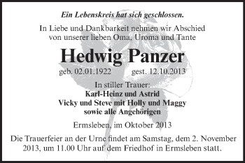 Traueranzeige von Hedwig Panzer von WVG - Wochenspiegel Aschersleben