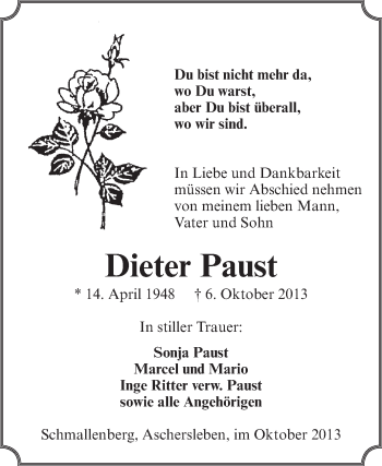 Traueranzeige von Dieter Paust von Super Sonntag Aschersleben