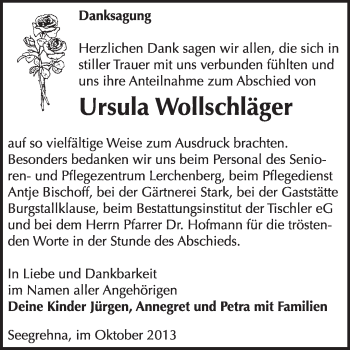 Traueranzeige von Ursula Wollschläger von WVG - Wochenspiegel Wittenberg