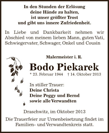 Traueranzeige von Bodo Piekarek von Super Sonntag Zeitz
