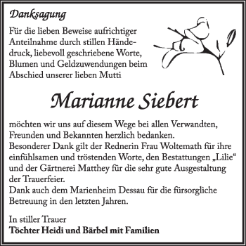 Traueranzeige von Marianne Siebert von Super Sonntag Dessau / Köthen