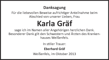 Traueranzeige von Karla Gräf von WVG - Wochenspiegel NMB / WSF / ZTZ