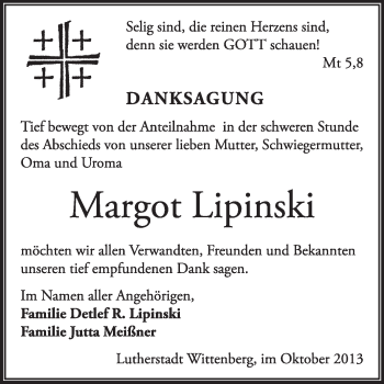 Traueranzeige von Margot Lipinski von Super Sonntag Wittenberg