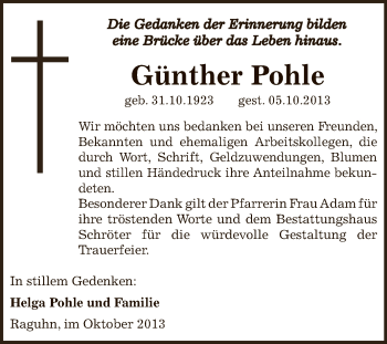 Traueranzeige von Günther Pohle von WVG - Wochenspiegel Bitterfeld