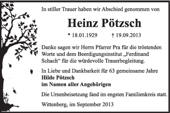 Traueranzeige von Heinz Pötzsch von Super Sonntag Wittenberg