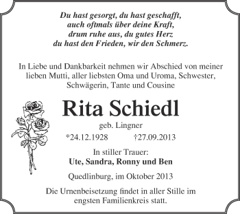 Traueranzeige von Rita Schiedl von WVG - Wochenspiegel Quedlinburg