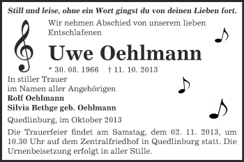 Traueranzeige von Uwe Oehlmann von WVG - Wochenspiegel Quedlinburg