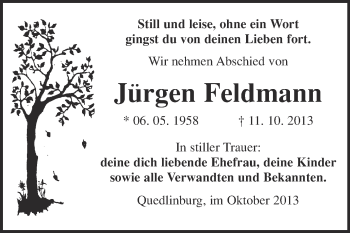 Traueranzeige von Jürgen Feldmann von WVG - Wochenspiegel Quedlinburg