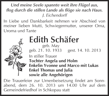 Traueranzeige von Edith Schäfer von Super Sonntag Merseburg