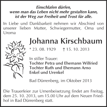 Traueranzeige von Johanna Kirschbaum von Super Sonntag Merseburg