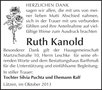 Traueranzeige von Ruth Kanold von WVG - Wochenspiegel Merseburg