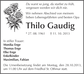 Traueranzeige von Thilo Gaudig von WVG - Wochenspiegel NMB / WSF / ZTZ