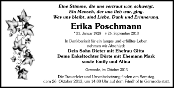 Traueranzeige von Erika Poschmann von WVG - Wochenspiegel Quedlinburg