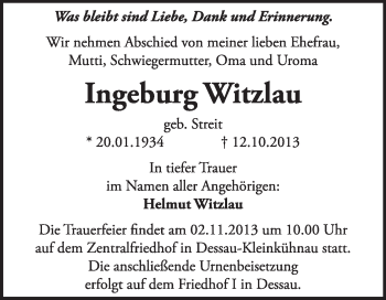 Traueranzeige von Ingeburg Witzlau von Super Sonntag Dessau / Köthen