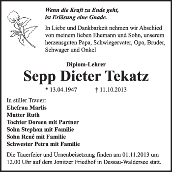 Traueranzeige von Sepp Dieter Tekatz von Super Sonntag Dessau / Köthen