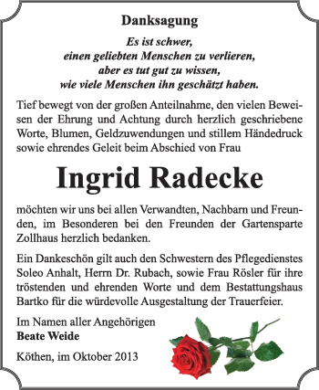 Traueranzeige von Ingrid Radecke von Super Sonntag Dessau / Köthen