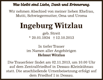 Traueranzeige von Ingeburg Witzlau von WVG - Wochenspiegel Dessau / Köthen