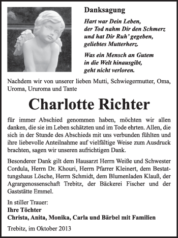 Traueranzeige von Charlotte Richter von WVG - Wochenspiegel Wittenberg