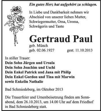Traueranzeige von Gertrud Paul von WVG - Wochenspiegel Wittenberg