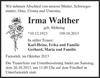 Traueranzeige von Irma Walther von WVG - Wochenspiegel Merseburg