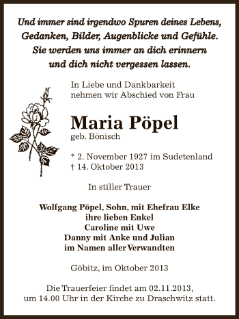 Traueranzeige von Maria Pöpel von Super Sonntag Zeitz