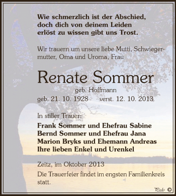 Traueranzeige von Renate Sommer von Super Sonntag Zeitz