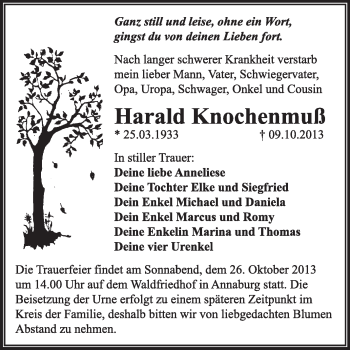 Traueranzeige von Harald Knochenmuß von WVG - Wochenspiegel Wittenberg