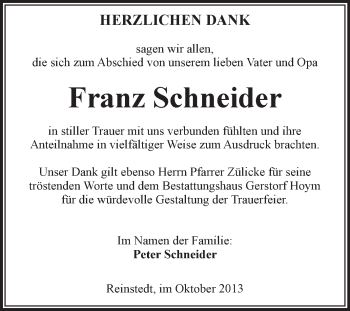 Traueranzeige von Franz Schneider von WVG - Wochenspiegel Aschersleben