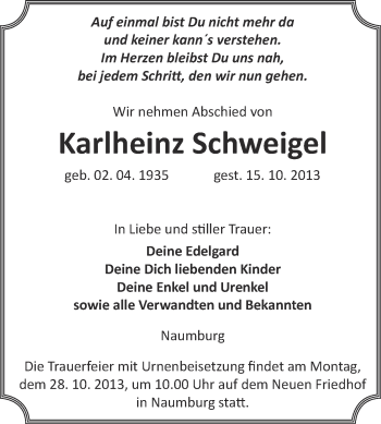 Traueranzeige von Karlheinz Schweigel von WVG - Wochenspiegel NMB / WSF / ZTZ