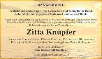 Traueranzeige von Zitta Knüpfer von WVG - Wochenspiegel Bitterfeld
