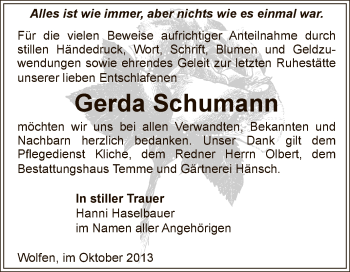 Traueranzeige von Gerda Schumann von WVG - Wochenspiegel Bitterfeld