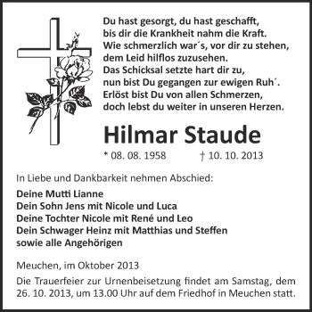 Traueranzeige von Hilmar Staude von WVG - Wochenspiegel Merseburg