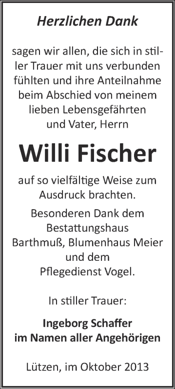 Traueranzeige von Willi Fischer von WVG - Wochenspiegel Merseburg