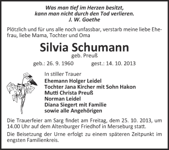 Traueranzeige von Silvia Schumann von Super Sonntag Merseburg