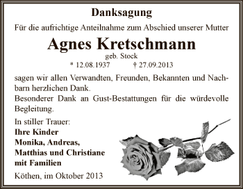 Traueranzeige von Agnes Kretschmann von WVG - Wochenspiegel Dessau / Köthen
