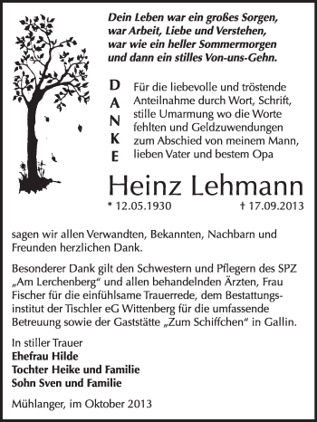 Traueranzeige von Heinz Lehmann von WVG - Wochenspiegel Wittenberg