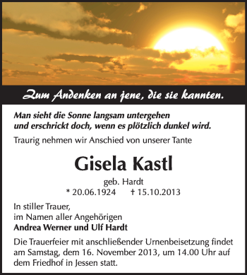 Traueranzeige von Giesela Kastl von WVG - Wochenspiegel Wittenberg