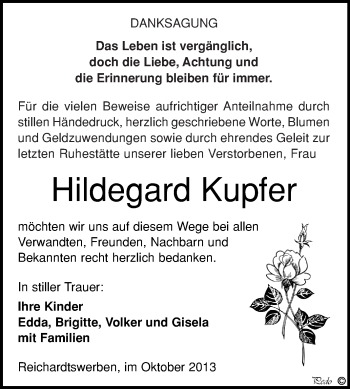 Traueranzeige von Hildegard Kupfer von WVG - Wochenspiegel NMB / WSF / ZTZ