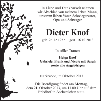 Traueranzeige von Dieter Knof von Super Sonntag Aschersleben