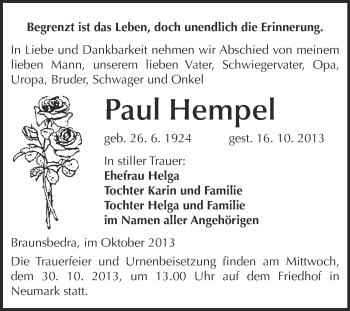 Traueranzeige von Paul Hempel von WVG - Wochenspiegel Merseburg