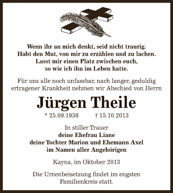 Traueranzeige von Jürgen Theile von Super Sonntag Zeitz