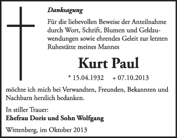 Traueranzeige von Kurt Paul von Super Sonntag Wittenberg