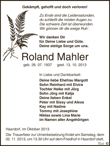 Traueranzeige von Roland Mahler von Super Sonntag Zeitz