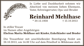 Traueranzeige von Reinhard Mehlhase von WVG - Wochenspiegel Dessau / Köthen
