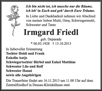 Traueranzeige von Irmgard Friedl von Super Sonntag Dessau / Köthen
