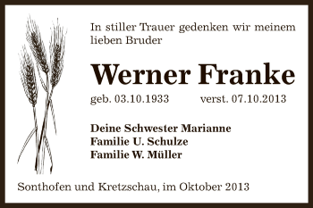 Traueranzeige von Werner Franke von Super Sonntag Zeitz