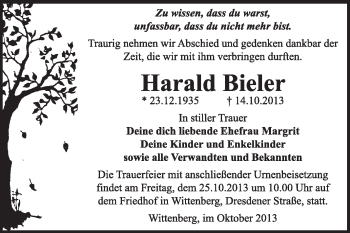 Traueranzeige von Harald Bieler von Super Sonntag Wittenberg
