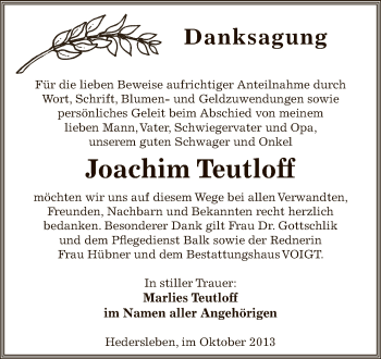 Traueranzeige von Joachim Teutloff von Wochenspiegel Mansfelder Land