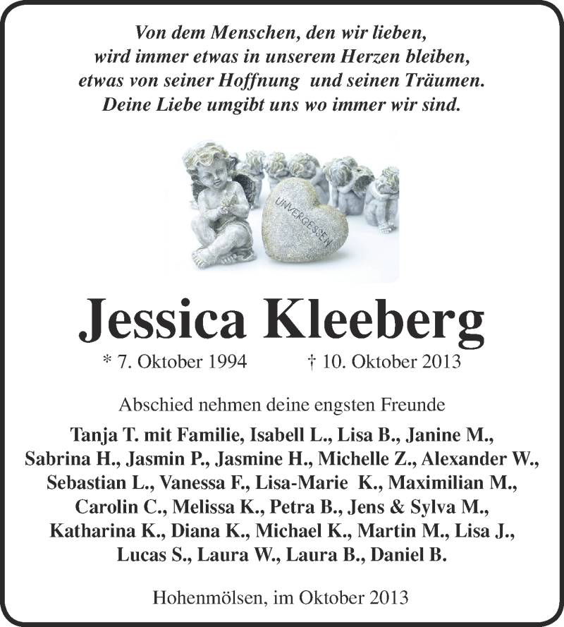  Traueranzeige für Jessica Kleeberg vom 23.10.2013 aus WVG - Wochenspiegel NMB / WSF / ZTZ