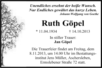 Traueranzeige von Ruth Göpel von Super Sonntag Aschersleben
